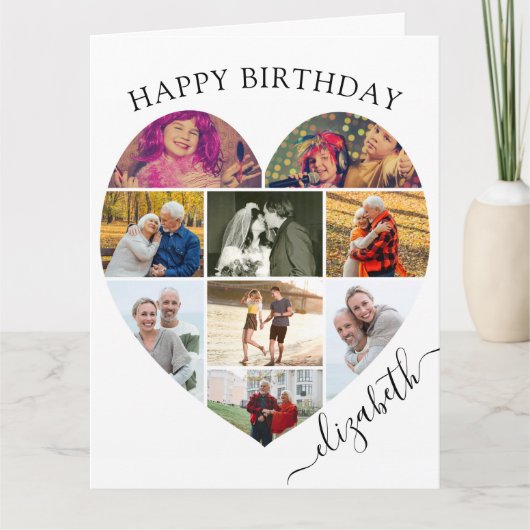 Hart Foto Collage 9 Afbeelding Script Name Birthda Kaart (Voorkant)