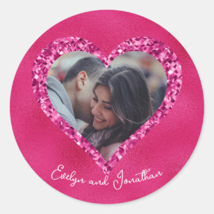 Hart Frame Aangepaste Foto Heet Roze met Diamanten Ronde Sticker