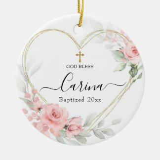 Hart Geometrisch Blush Roze Bloemen Gedoopt Keramisch Ornament