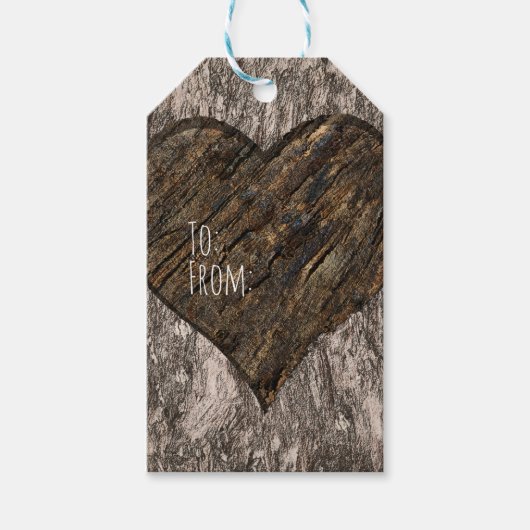 Hart Gesneden Boom Boomstam Bark Rustieke Bruiloft Cadeaulabel (Voorkant)
