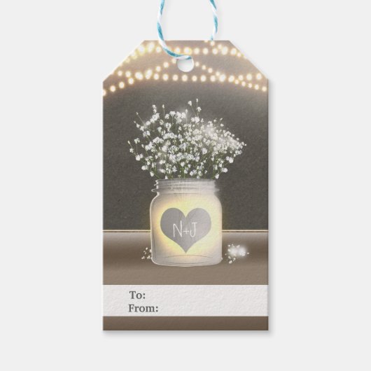 Hart Ggloed Mason Jar & Baby's Breath Wedding Cadeaulabel (Voorkant)