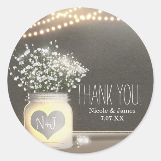Hart Ggloed Mason Jar & Baby's Breath Wedding Ronde Sticker (Voorkant)