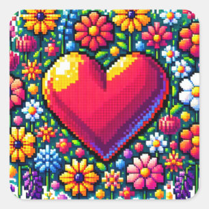 Hart in Bloemen Pixel Art Vierkante Sticker
