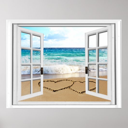 Hart in het venster Zand Faux Beach Uitzicht Poster (Voorkant)
