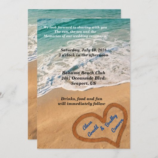 Hart in het zand bruiloft uitnodiging (Voorkant / Achterkant)