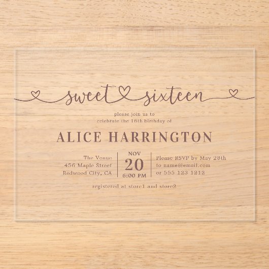 Hart Kalligrafie Minimalistisch Bruin Zoet 16 Acryl Uitnodigingen (Voorkant)