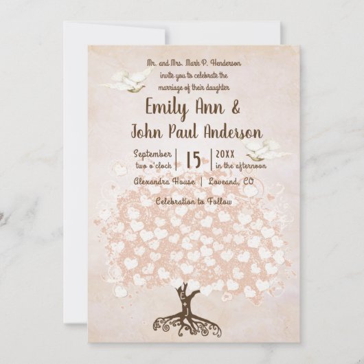 Hart Leaf Bleek Blush Pink Tree Dove Weddenschap Kaart (Voorkant)