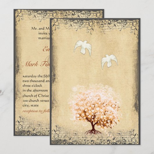 Hart Leaf Coral Tree Dove Love Bird Weddings Kaart (Voorkant / Achterkant)