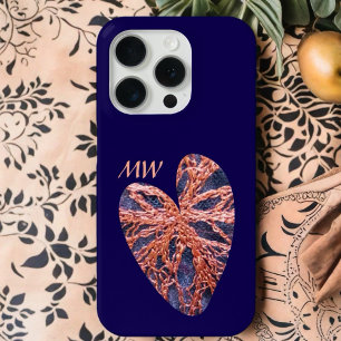 Hart marineblauw sinaasappel monogram borduurwerk iPhone 15 pro case