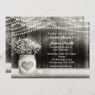 Hart Mason Jar & Baby's Breath Rustic Invitations Kaart