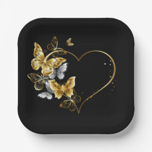 Hart met gouden vlinders papieren bordje