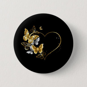 Hart met gouden vlinders ronde button 5,7 cm