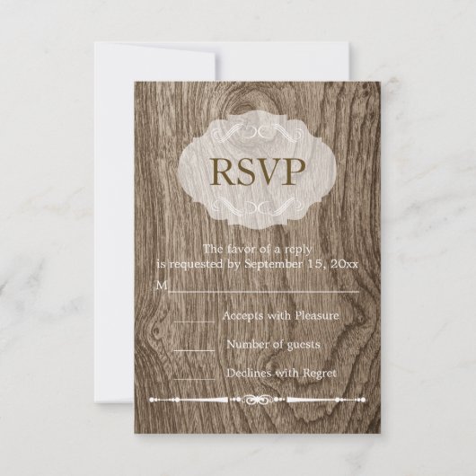 Hart met initialen houtnerf rustieke bruiloft RSVP (Achterkant)