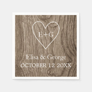 Hart met initialen houtnerf rustieke bruiloft servetten