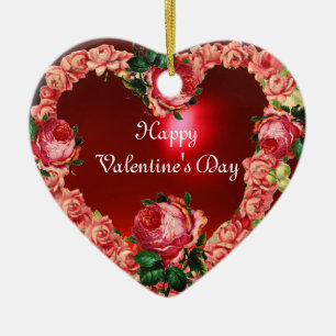 HART MET PINKROSES VALENTIJNSDAG MONOGRAM KERAMISCH ORNAMENT