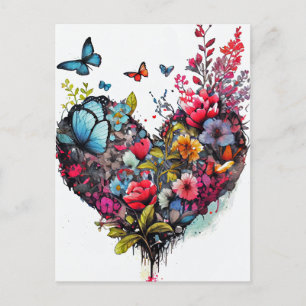 Hart met waterverf bloemen en vlinders kaart