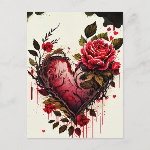Hart met waterverf bloemen rode rozen liefdeskaart briefkaart