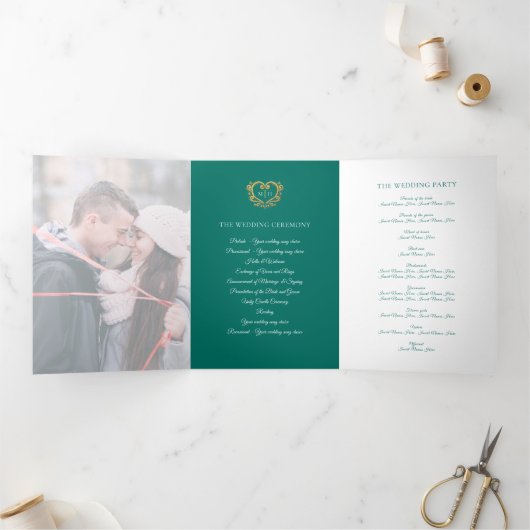 Hart monogram foto goud groen bruiloft programma (Binnen)