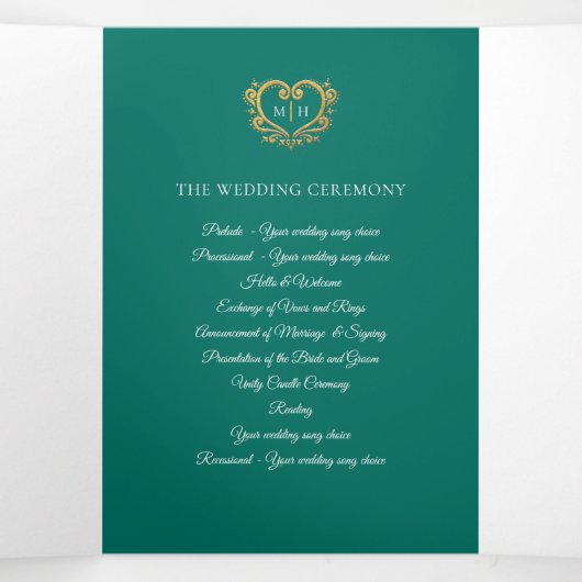 Hart monogram foto goud groen bruiloft programma (Binnenkant midden)