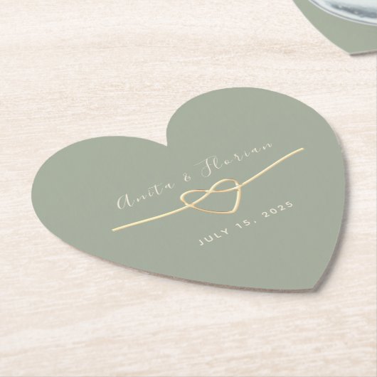 Hart Monogram Sage Groene Bruiloft Kartonnen Onderzetters (Gekanteld)