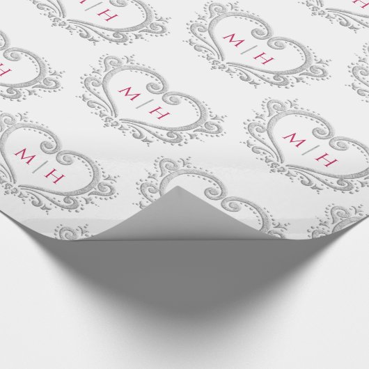 Hart monogram zilveren bessen rood wit bruiloft cadeaupapier (Hoek)