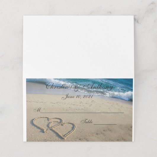 Hart op de kust bruiloft receptie plaats kaart (Buitenkant ongevouwen)