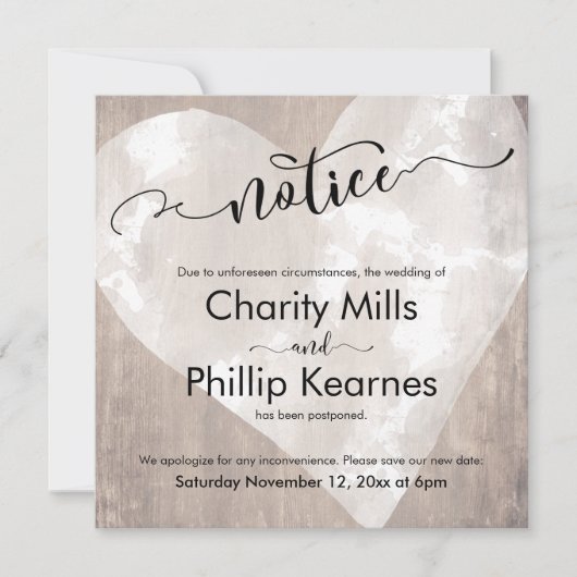 Hart op Hout Bericht Uitgestelde Bruiloft Kaart (Voorkant)