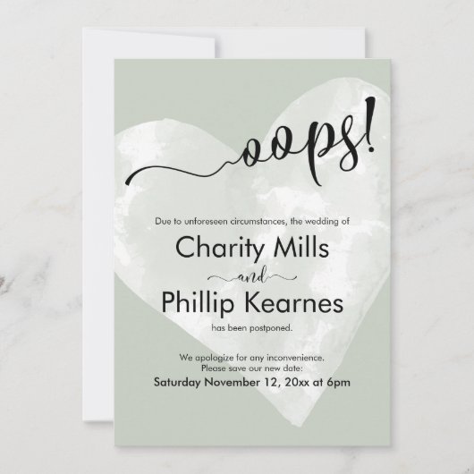 Hart op Sage Green Oops. Kaart uitgestelde weddens (Voorkant)