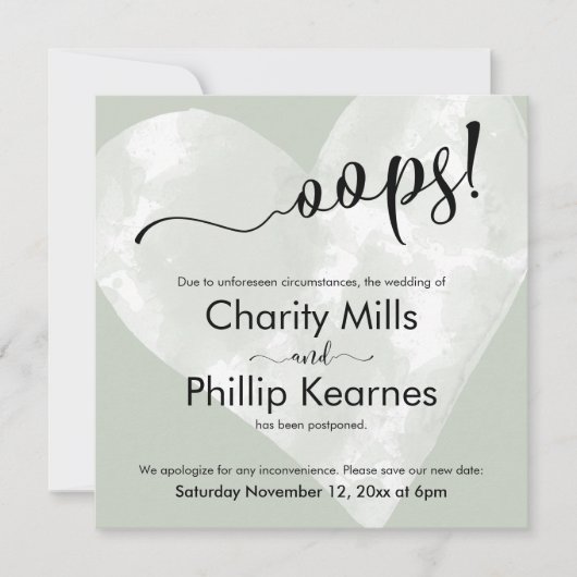 Hart op Sage Green Oops. Kaart uitgestelde weddens (Voorkant)