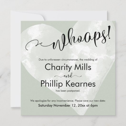 Hart op Sage Green Whoops! Kaart uitgestelde wedde (Voorkant)