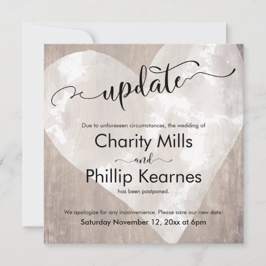 Hart op Wood Postponed Wedding Update Kaart (Voorkant)