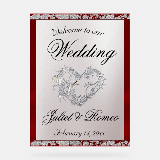 Hart, rood lint & Sparkle Welkom Acryl Bord (Voorkant)