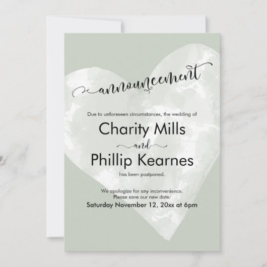 Hart Sage Groen Uitgestelde bruiloft Aankondiging (Voorkant)