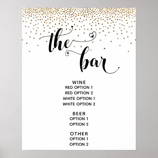 Hart Script & Gouden Confetti "The Bar" Menuboard Poster (Voorkant)