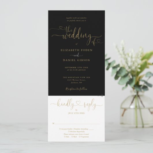 Hart Script Zwart en Goud Alles In Een Bruiloft Kaart (Staand voorkant)