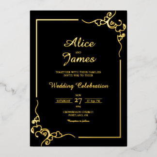 Hart Swirl Frame Elegant Zwart Goud Folie Bruiloft Uitnodiging