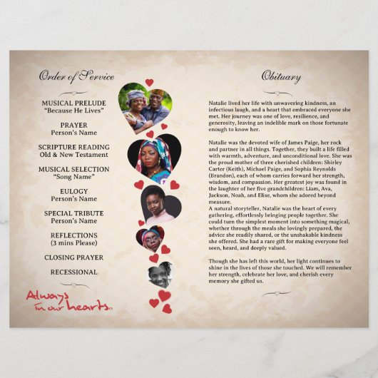 Hart thema beige grunge begrafenisprogramma flyer (Achterkant)