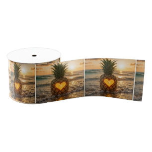 Hart Uitgesneden in een Ananas Op een Strand Grosgrain Lint
