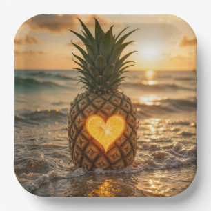 Hart Uitgesneden In Een Ananas Op Een Strand Papieren Bordje