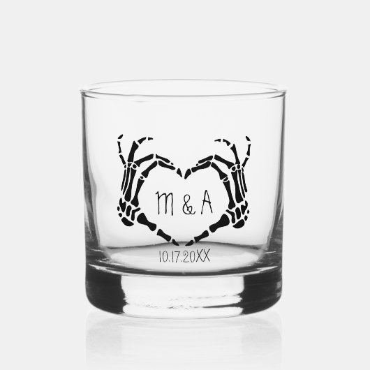 Hart vorm skelet handen gepersonaliseerde bruiloft whisky glas (Voorkant)