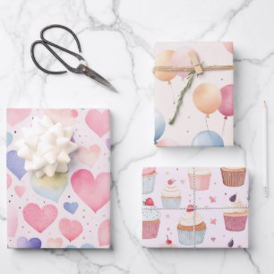 Hartballonnen Cup Cakes Wrapping Paper Set van 3