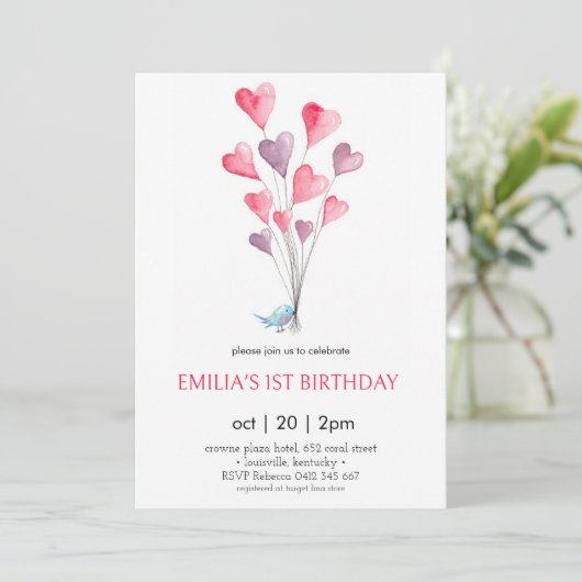 Hartballonnen & vogelmeisje verjaardag Uitnodiging (Staand voorkant)