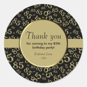 Hartelijk Bedankt: 85th Birthday Gold en Black Pat Ronde Sticker