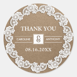 Hartelijk Bedankt. White Lace Kraft Paper Wedding Ronde Sticker