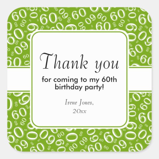 Hartelijk dank: 60th Birthday Number Pattern Green Vierkante Sticker (Voorkant)