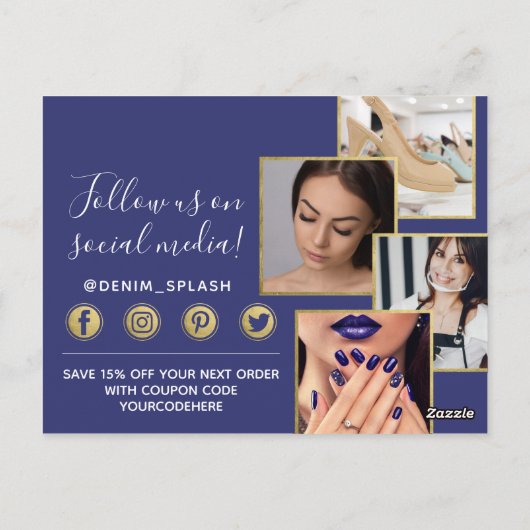 Hartelijk dank: Blue Paint Stroke & Gold 4-foto Briefkaart (Achterkant)