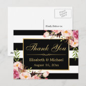 Hartelijk dank - Floral Black White Stripes Gold L Briefkaart (Voorkant / Achterkant)