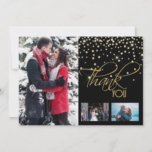 Hartelijk dank, foto 3 gouden zwarte glittersparge bedankkaart (Voorkant)