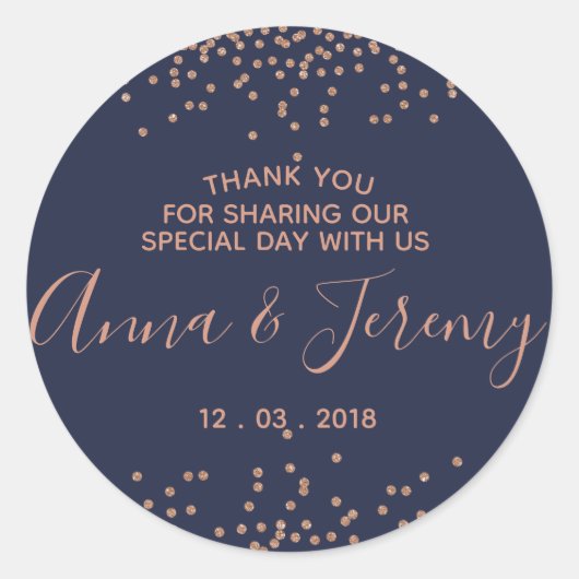 Hartelijk dank, Roos Gold en Navy Blue Confetti St Ronde Sticker (Voorkant)