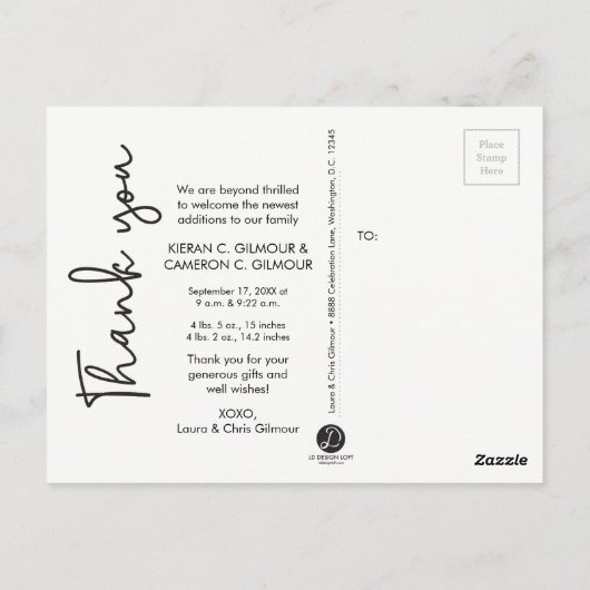 Hartelijk dank voor het Twin baby Birth Announouno Briefkaart (Achterkant)